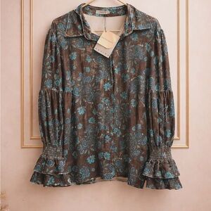Women's Floral Ruffle Sleeve Blouse - Teal on Brown